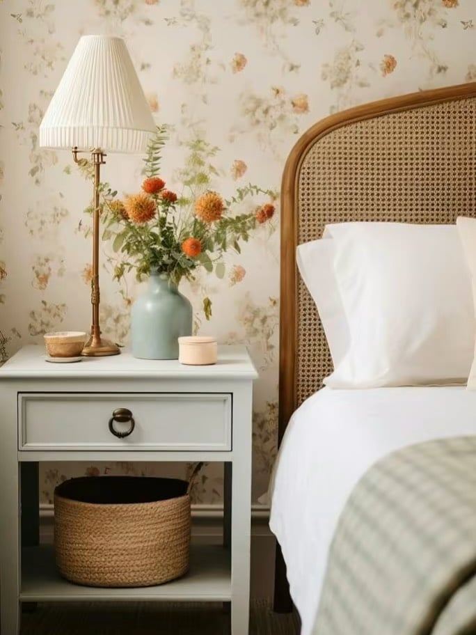 Quarto com papel de parede floral, cabeceira de palhinha e mesa de cabeceira branca com gaveta