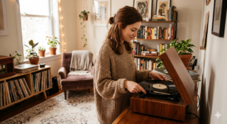 Mulher jovem colocando um disco na vitrola