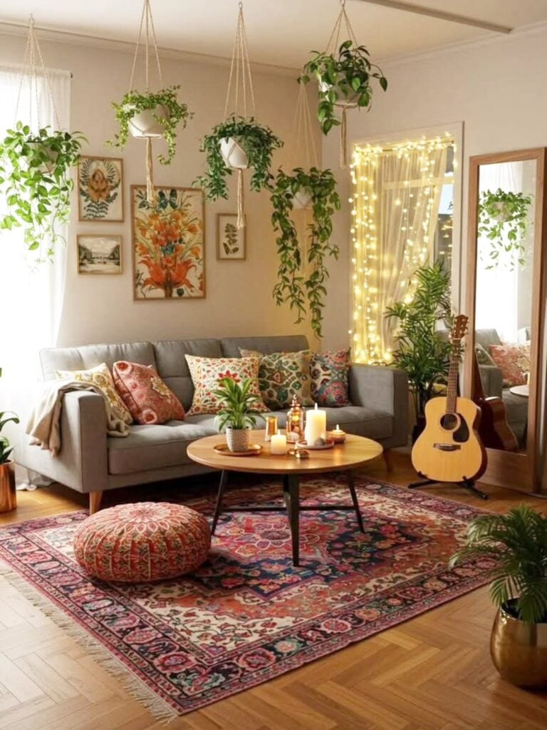 Sala de estar com sofá cinza, almofadas e tapete colorido, suporte com violão e plantas pendentes