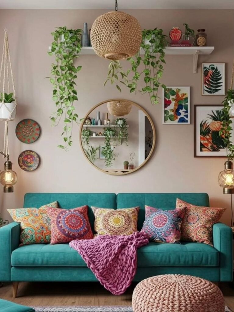 Sala de estar com sofá azul, almofadas coloridas, manta rosa de tricô, quadros, espelho redondo e plantas