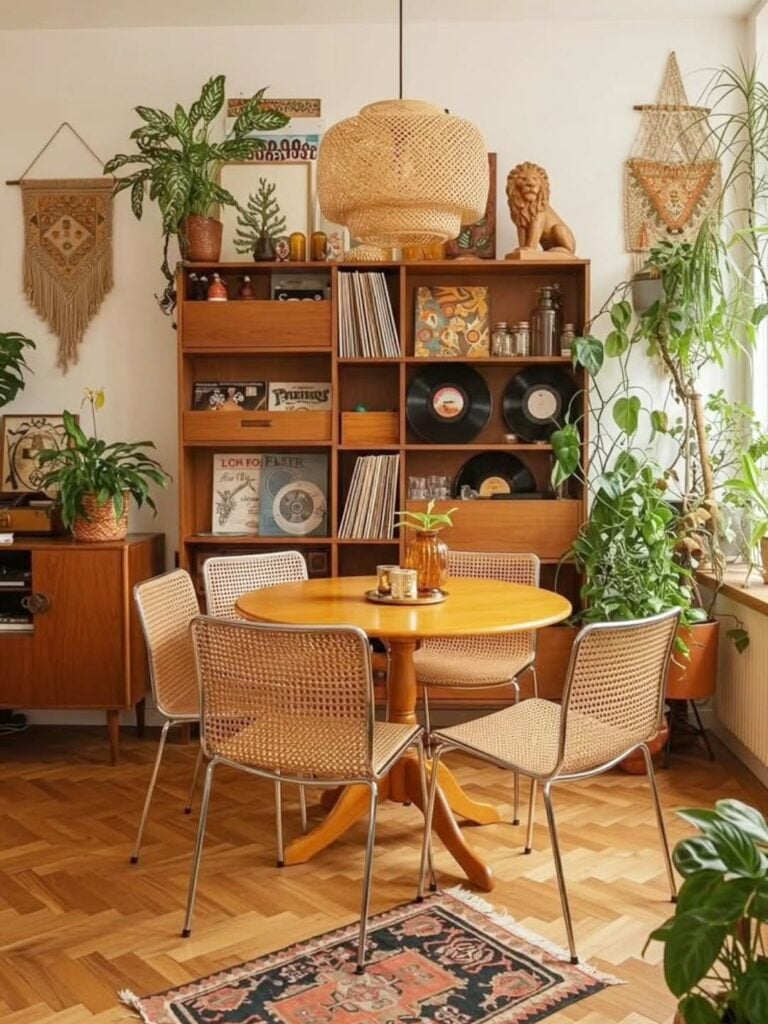 Sala de jantar com mesa redonda e cadeiras de metal com telinha, estante de madeira com discos e vasos com plantas