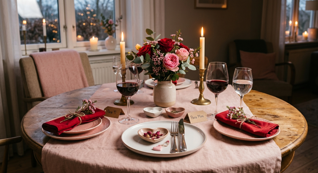 Mesa posta de Dia dos Namorados redonda de madeira, com toalha rosa, pratos rosa claro e guardanapos vermelhos com raminho de flores