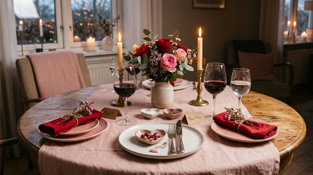 Mesa posta de Dia dos Namorados redonda de madeira, com toalha rosa, pratos rosa claro e guardanapos vermelhos com raminho de flores