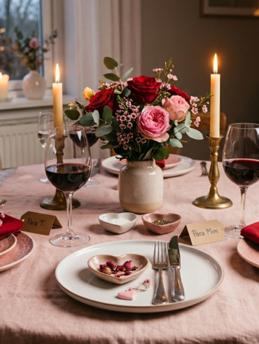 Mesa posta de Dia dos Namorados redonda de madeira, com toalha rosa, pratos rosa claro e guardanapos vermelhos com raminho de flores