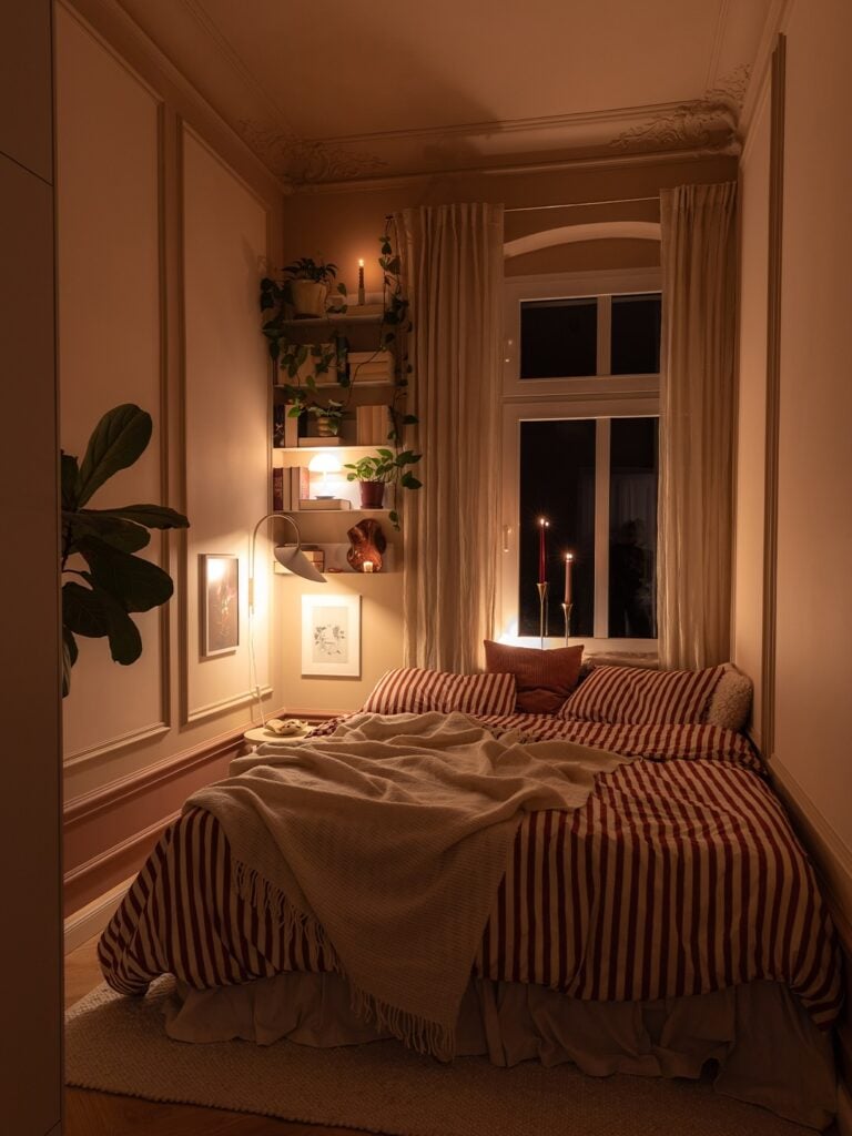 Quarto com cama em frente à janela, prateleiras com livros, plantas e luzes amarelas