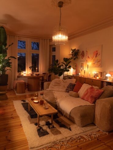 Sala com sofá em tom de bege, manta e almofadas, tapete grande e velas