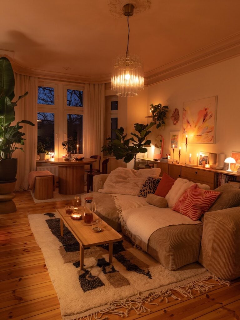 Sala com sofá em tom de bege, manta e almofadas, tapete grande e velas