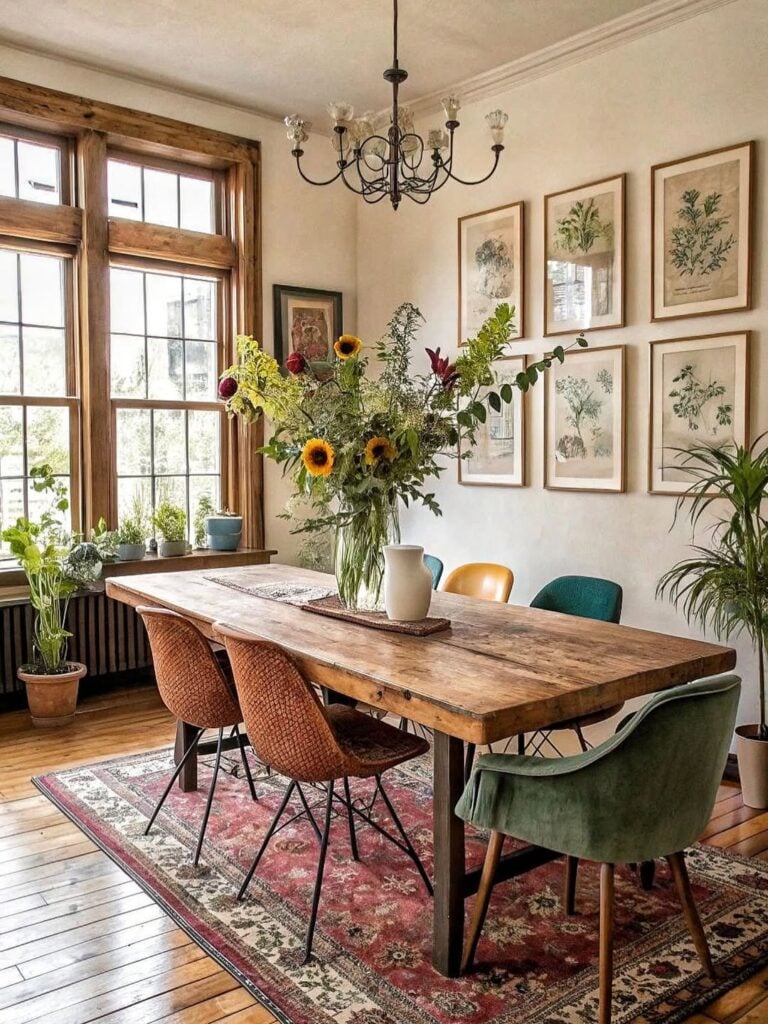 Sala de jantar com mesa de madeira retangular, cadeiras variadas, vaso com girassóis com quadros na parede