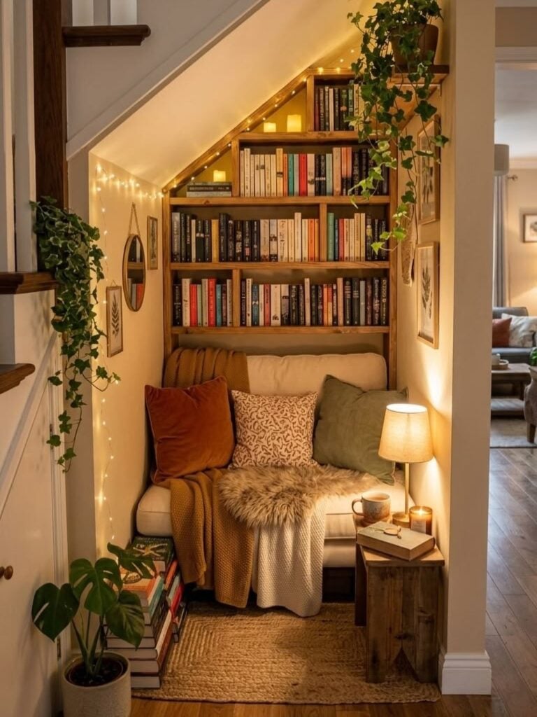 Cantinho com sofá, almofadas, estantes com livros, plantas e cordão de luzes