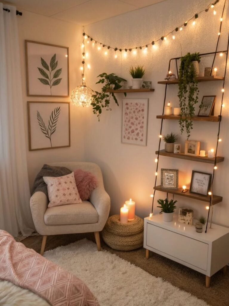 Cantinho com poltrona, manta, prateleiras com objetos decorativos e fio de luzes
