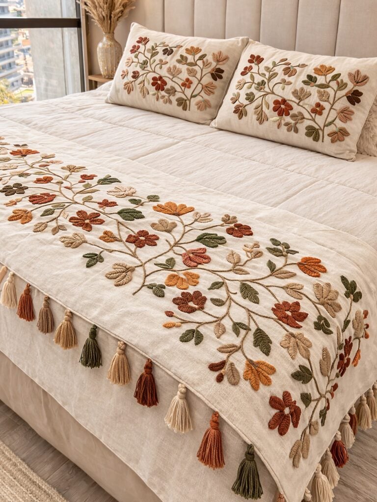 Cama com colcha e almofadas bordadas com flores em tons terrosos