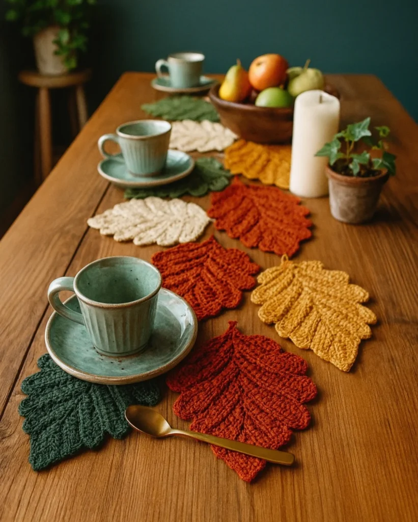 Trilho de mesa de com folhas de crochê em tons terrosos