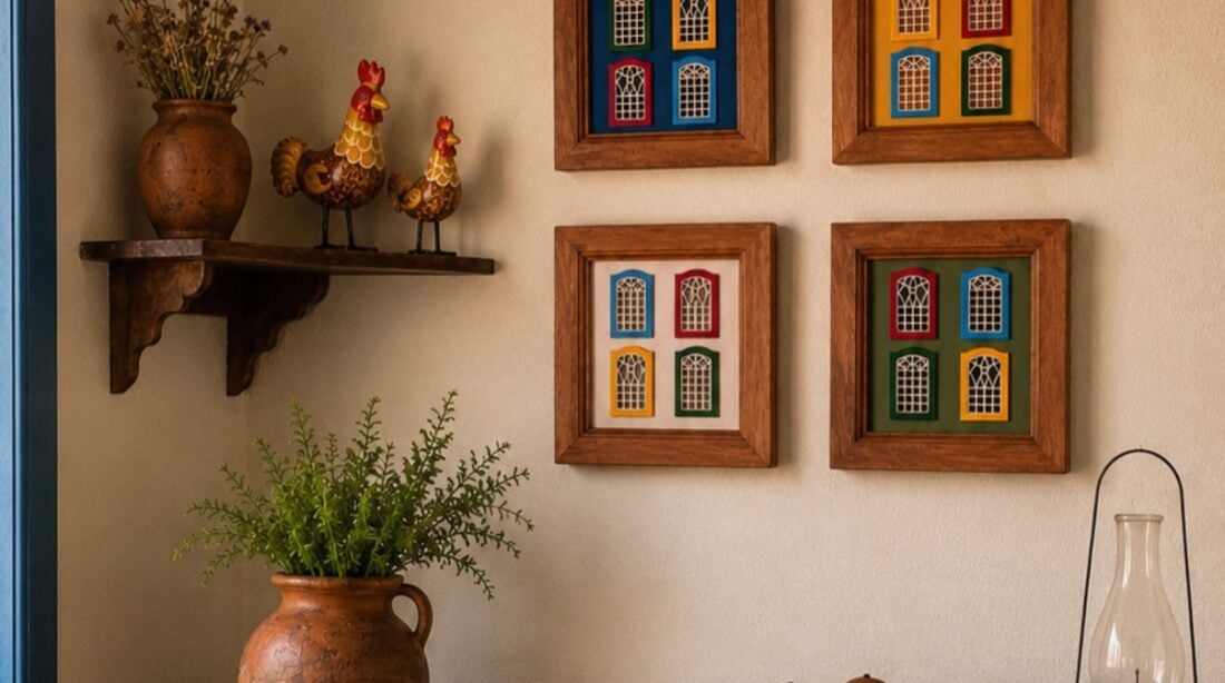 Móvel de madeira com vaso, lampiãp e quadrinhos de madeira com janelas coloridas