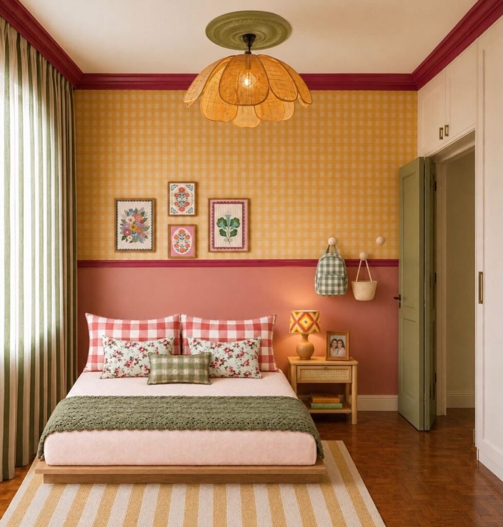 Quarto com meia parede rosa e meia em xadrez amareço e branco, detalhes verdes e luminária de palhinha