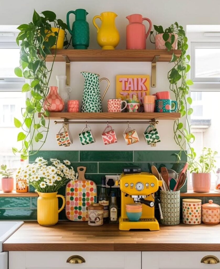 Cozinha com máquin de café, vaso e jarra amarelos e outros itens coloridos