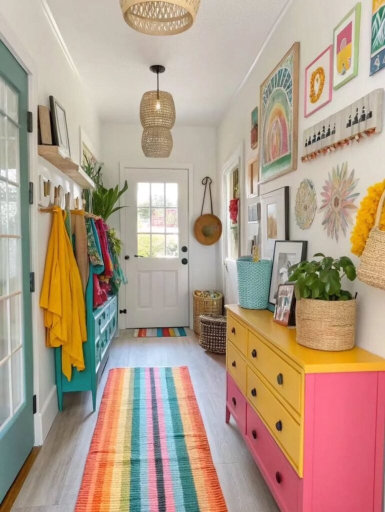 Corredor branco, balcão amarelo com rosa, quadros, cestos, tapetes listrados e móvel azul