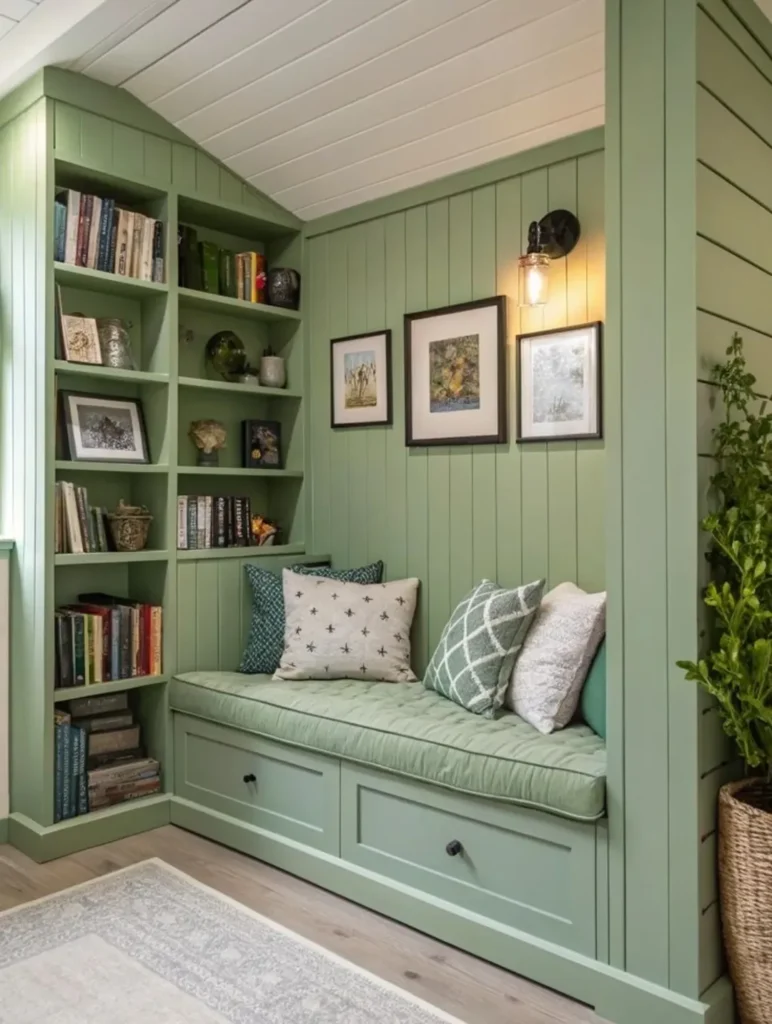 Cantinho da leitura verde com sofá, estante, quadros, livros e almofadas