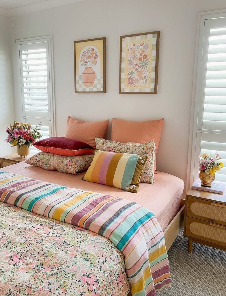 Quarto com paredes brancas, almofadas e colcha coloridas, mesas de cabeceira com vasos de flores