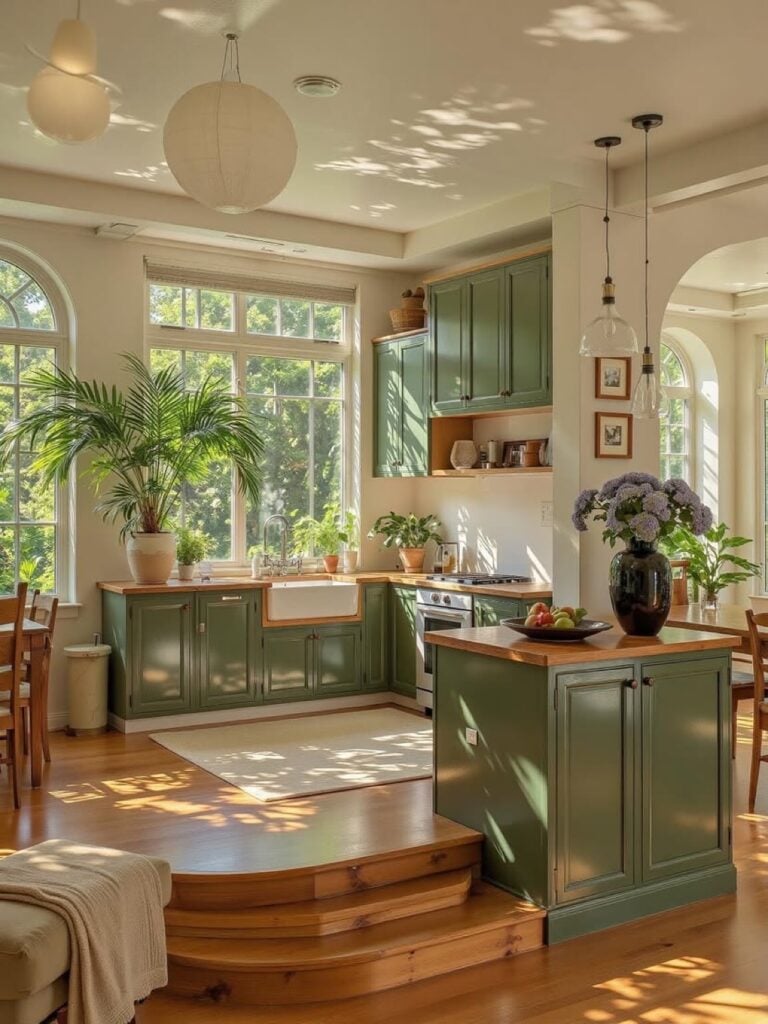 Cozinha com armários verdes, bancadas de madeira e pia no estilo farmhouse