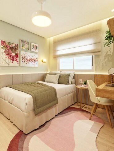 Quarto aconchegante com cama de casal, almofada, manta e tapete, além de móvel solto e sob medida na cabeceira, bancada e mesa lateral
