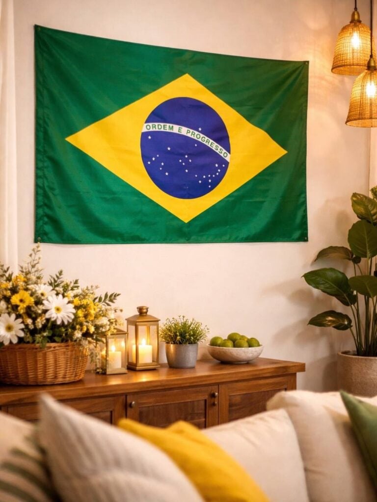 Sala com sofá claro, almofadas, aparador de madeira com objetos decorativos e bandeira do Brasil na parede