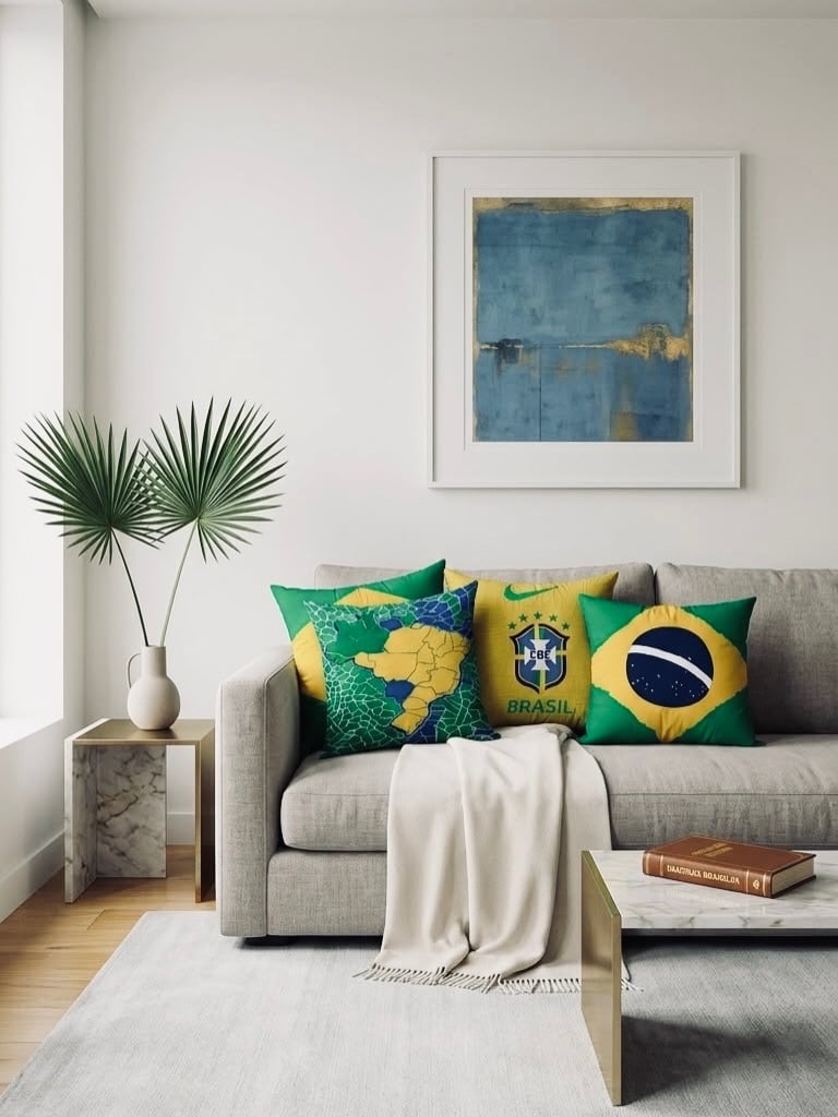 Sala com sofá cinza-claro, manta e almofadas com as cores do Brasil