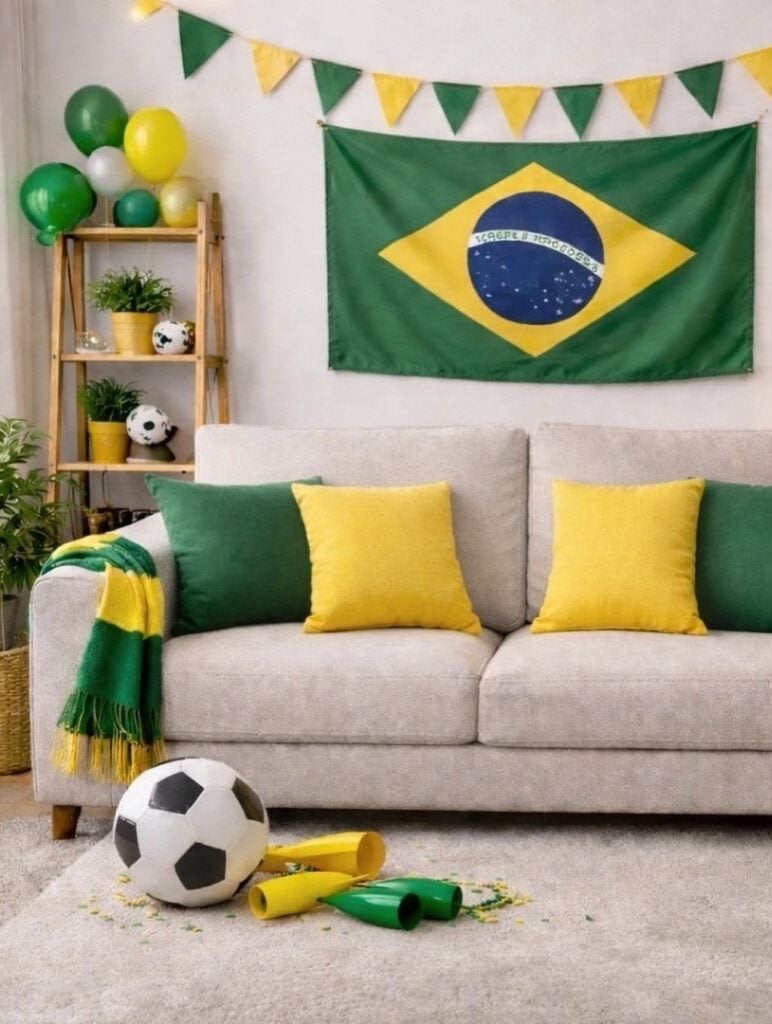 Sala para Copa com sofá cinza-claro, almofadas em verde e amareço. bandeira do Brasil e bandeirinhas penduradas na parede, escada de madeira com balões coloridos