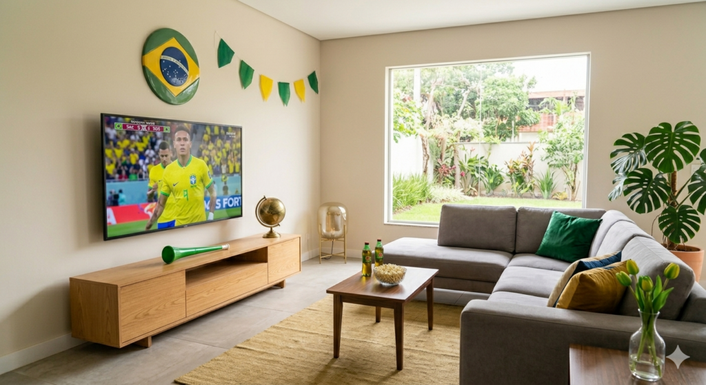 Sala com sofá cinza em L, rack de madeira e decoração simples para Copa