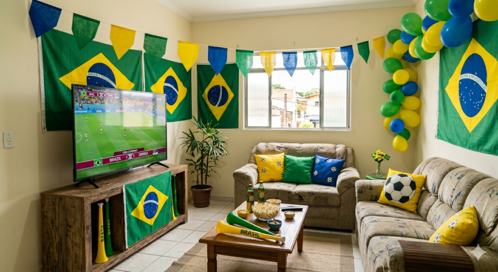 Sala com dois sofás, rack de madeira e decoração para Copa com bandeiras do Brasil, balões e almofadas coloridas