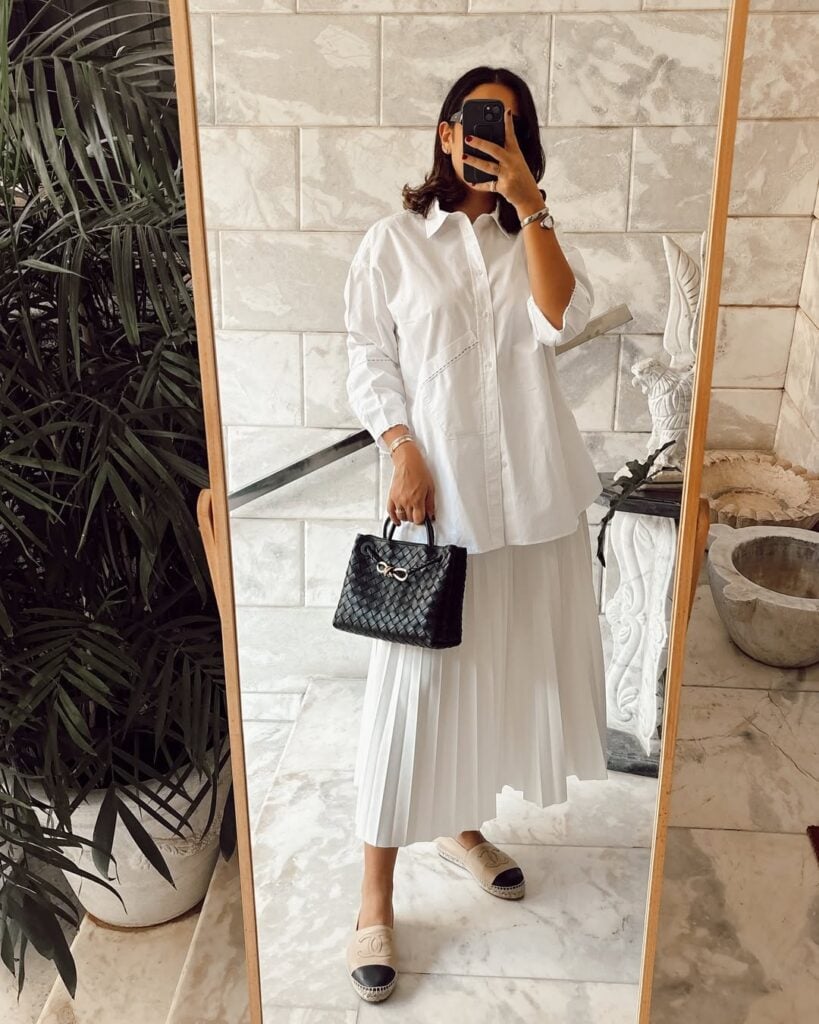 look com camisa e saia midi