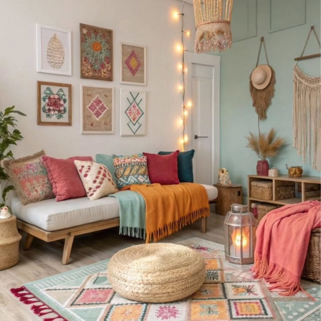 Sala com parede azul clara e a outra branca com quadros, sofá com almofadas coloridas e pufe de palha