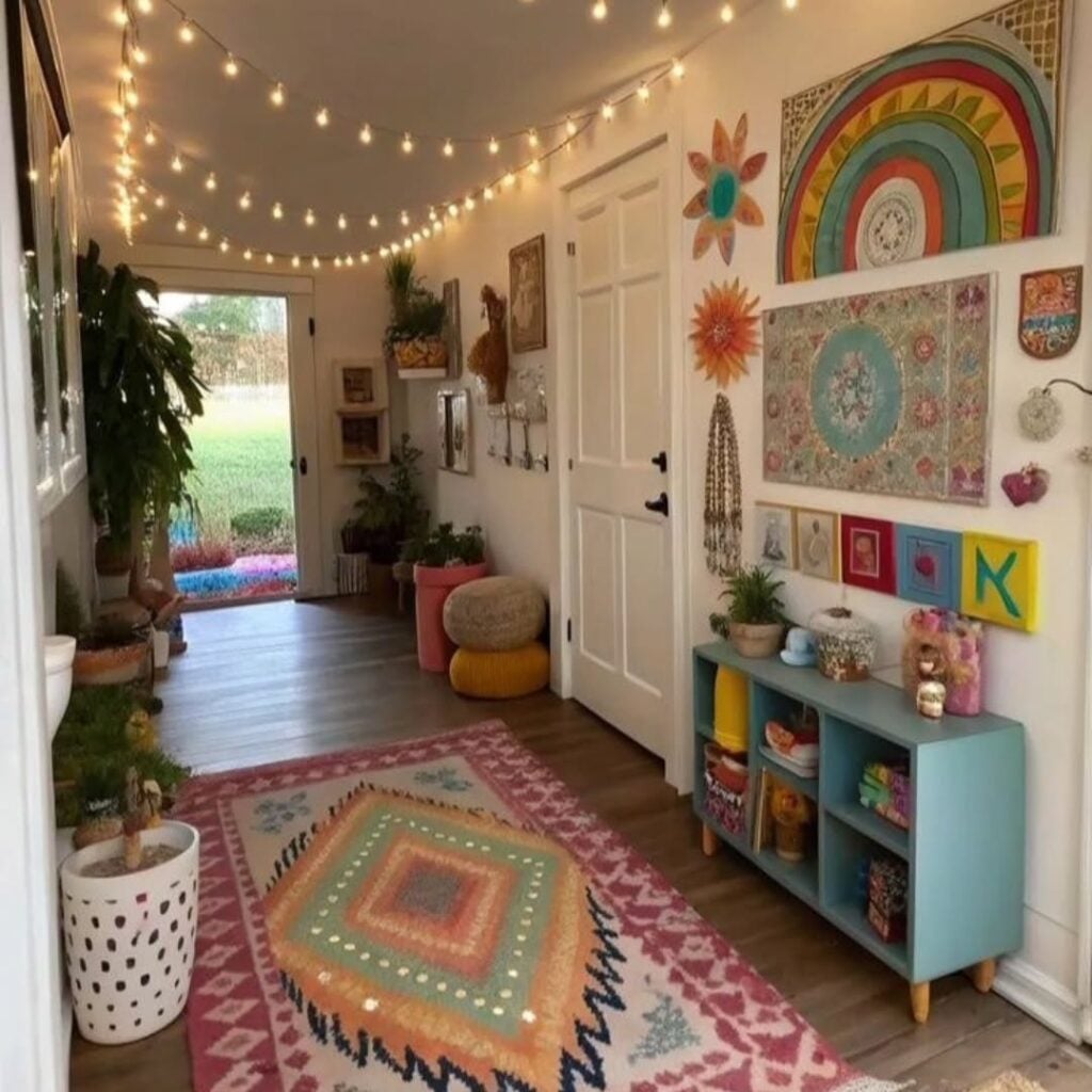 Corredor amplo, móvel azul com nichos, parede com decoração colorida e tapete com cores