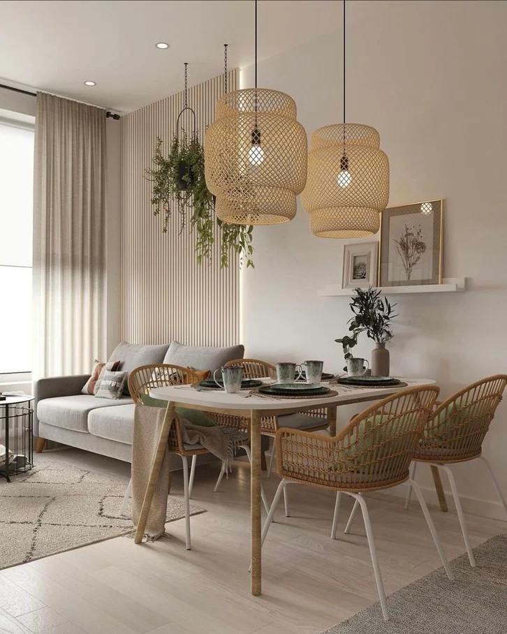 Sala de jantar com cadeiras de vime no encosto, sofá com pés palito e pendentes de fibras naturais