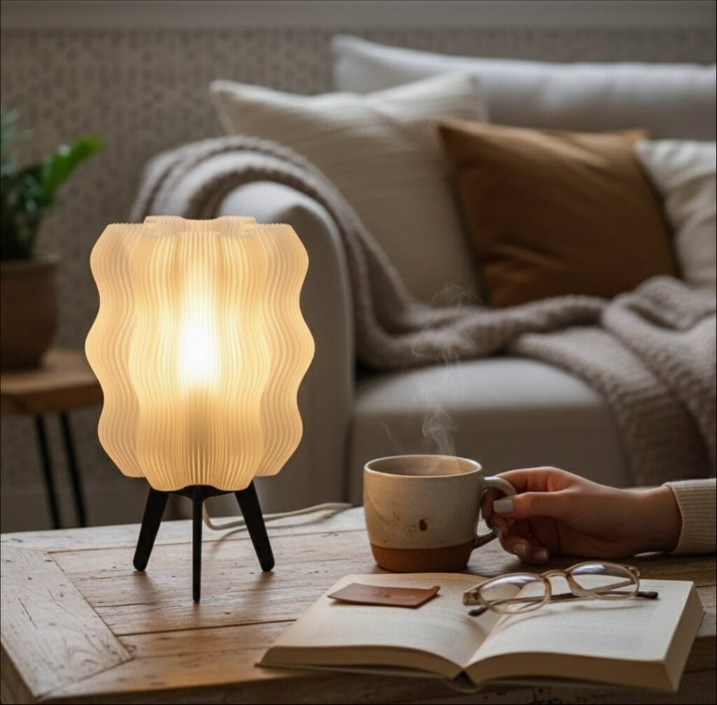 Mesa de centro com luminária pequena, livro, óculos e uma mão segurando café