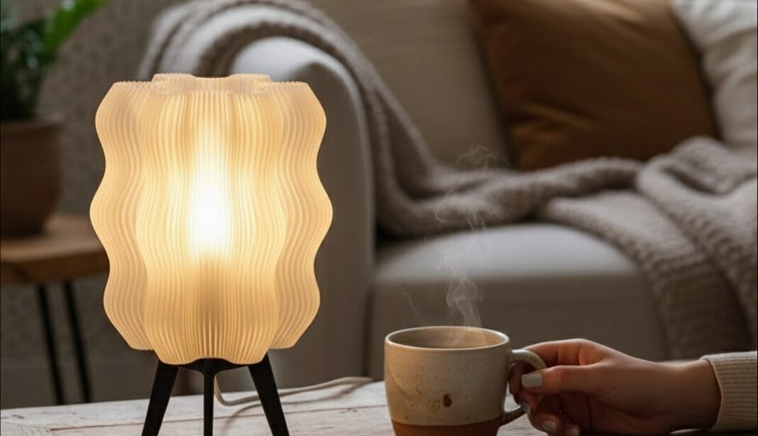 Mesa de centro com luminária pequena, livro, óculos e uma mão segurando café