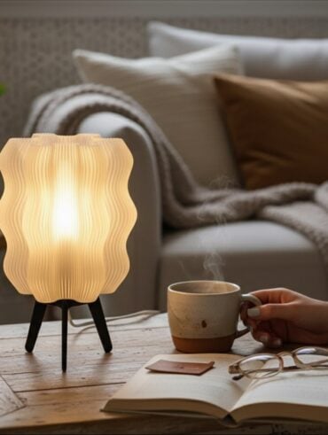 Mesa de centro com luminária pequena, livro, óculos e uma mão segurando café