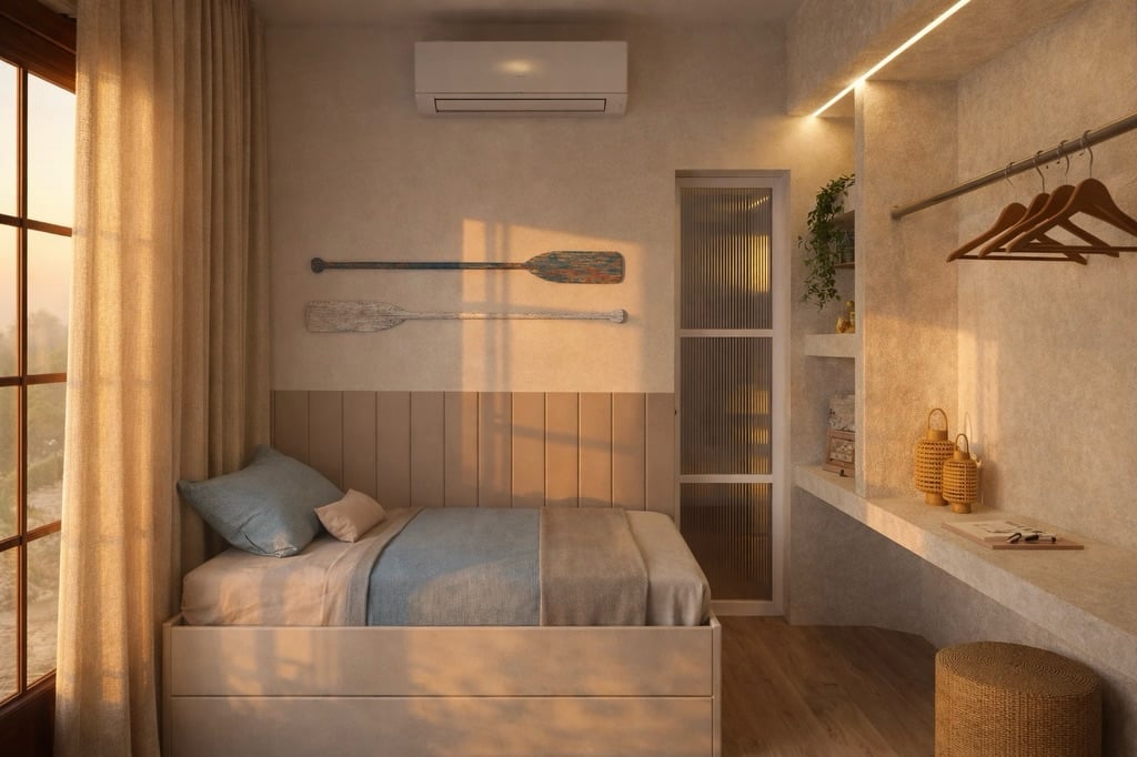 Quarto de solteiro em tons claros, com grande janeja, remos na parede e porta com vidro