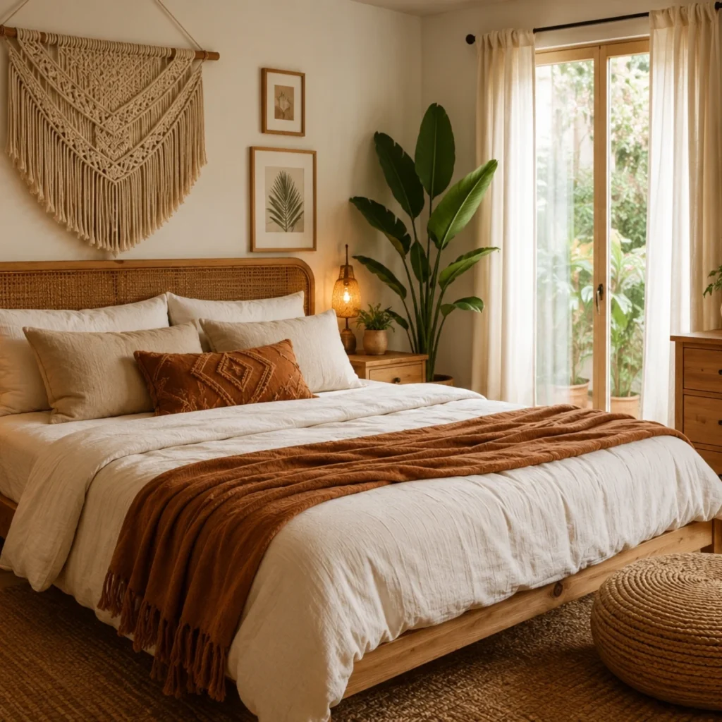 Quarto estilo boho com roupas de cama bege e tons terroso, vaso com planta grande e macramê na parede
