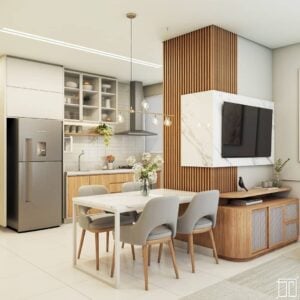 Cozinha e sala integradas com madeira aparente, detalhe em cinza e painel da tv marmorizado e ripado