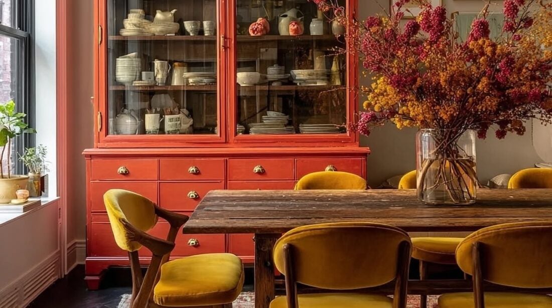 Sala de jantar com cristaleira alaranjada, mesa de madeira com vaso de flores secas e cadeiras com assento em tom de amarelo