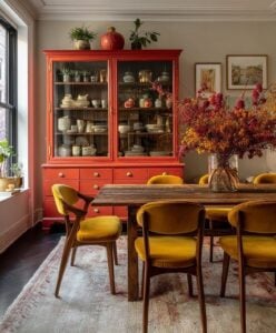 Sala de jantar com cristaleira alaranjada, mesa de madeira com vaso de flores secas e cadeiras com assento em tom de amarelo