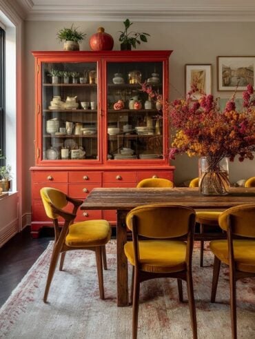 Sala de jantar com cristaleira alaranjada, mesa de madeira com vaso de flores secas e cadeiras com assento em tom de amarelo