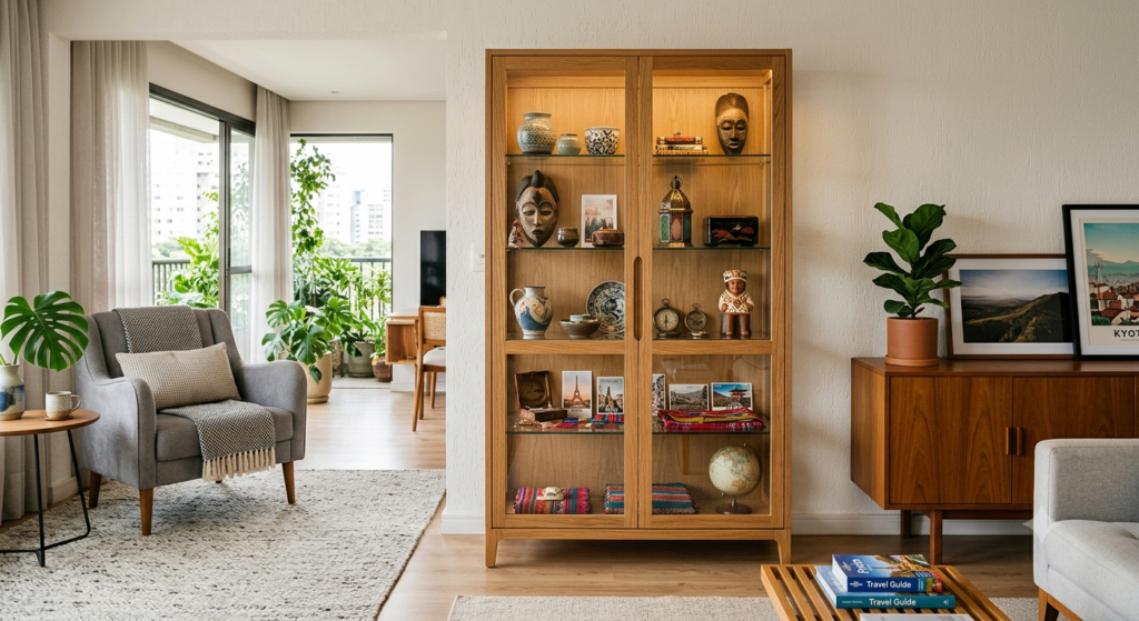 Sala moderna com cristaleira de madeira e objetos de viagens