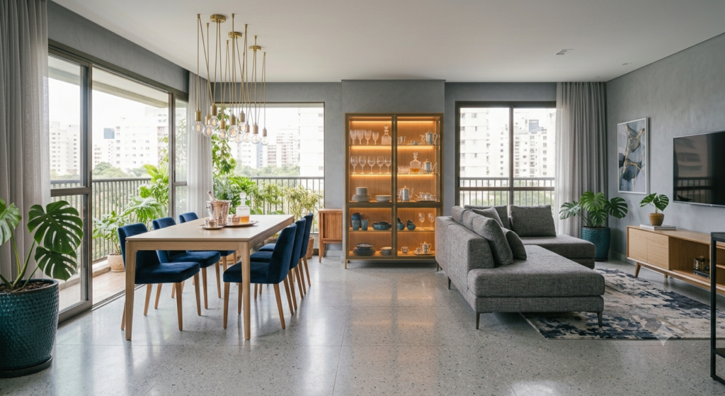 Sala de jantar com mesa de madeira, cadeiras azuis, sofá cinza e cristaleira ao fundo com louças e taças