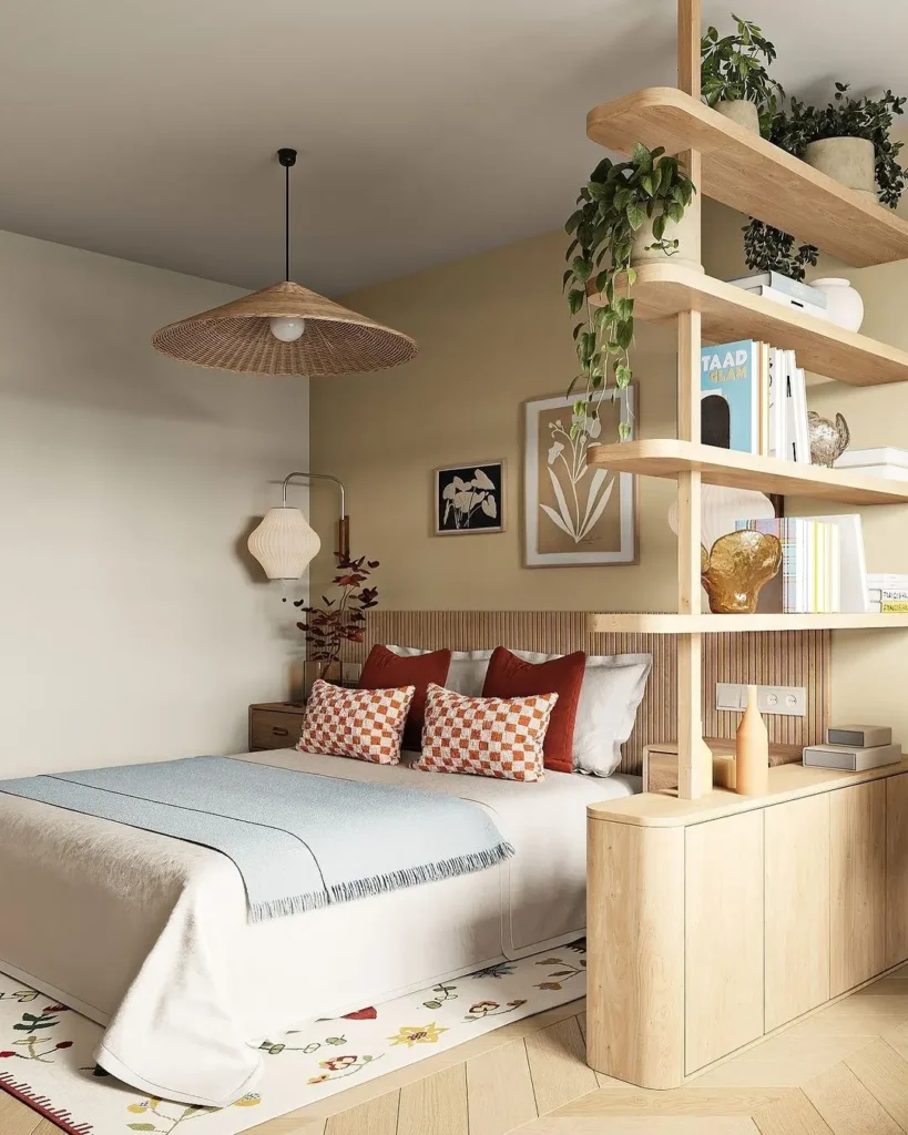 Quarto com cabeceira ripada, almofadas em tons de terracita, tapete com flores e pendente de fibras naturais