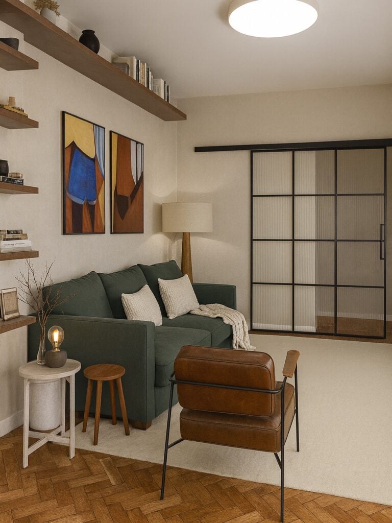 Sala de estar com sofá verde, almofadas e manta bege, poltrona marrom de couro, prateleiras com livros e quadros na parede