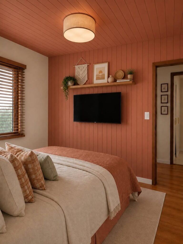 Quarto com parede e teto em terracota, prateleira com objetos e tv na parede em frente à cama