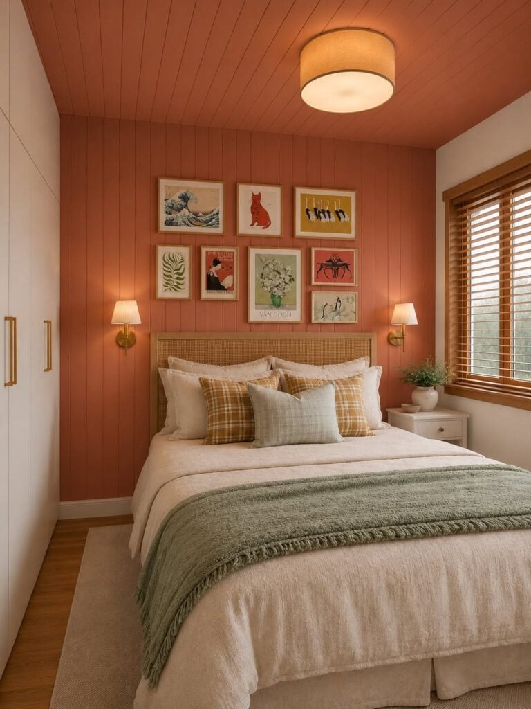 Quarto com parede atrás da cama e teto em terrocata, quadros acima da cabeceira e cama com várias almofadas