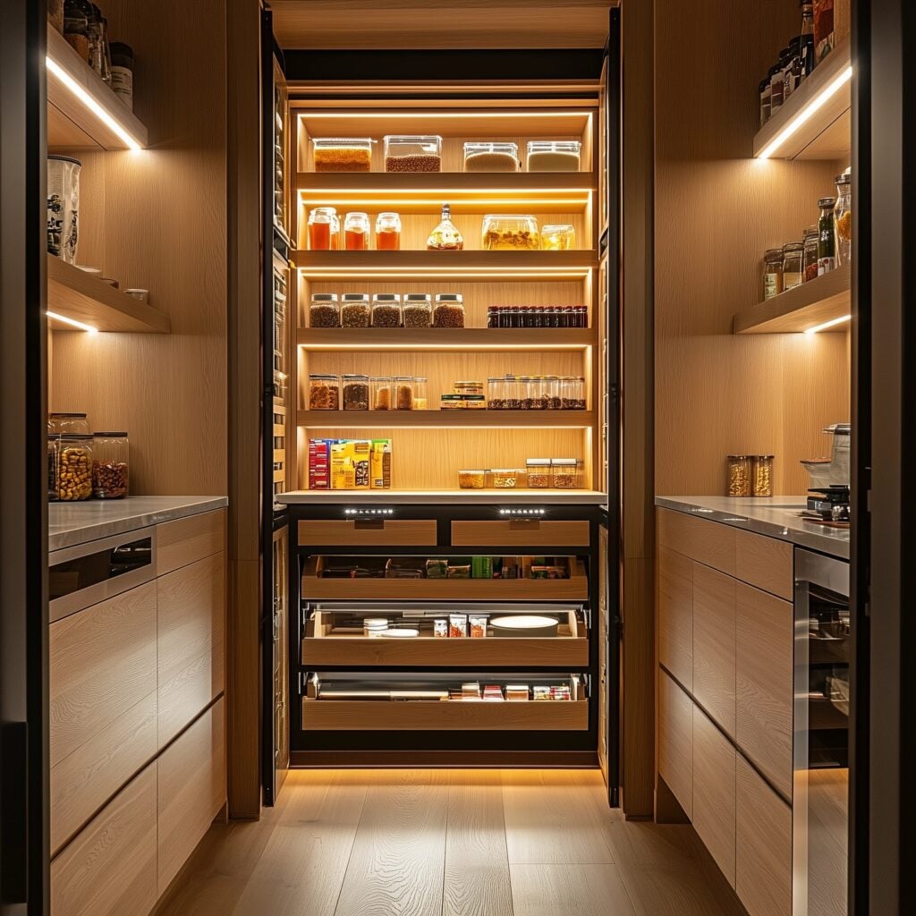 Cozinha com despensa e prateleiras com LED