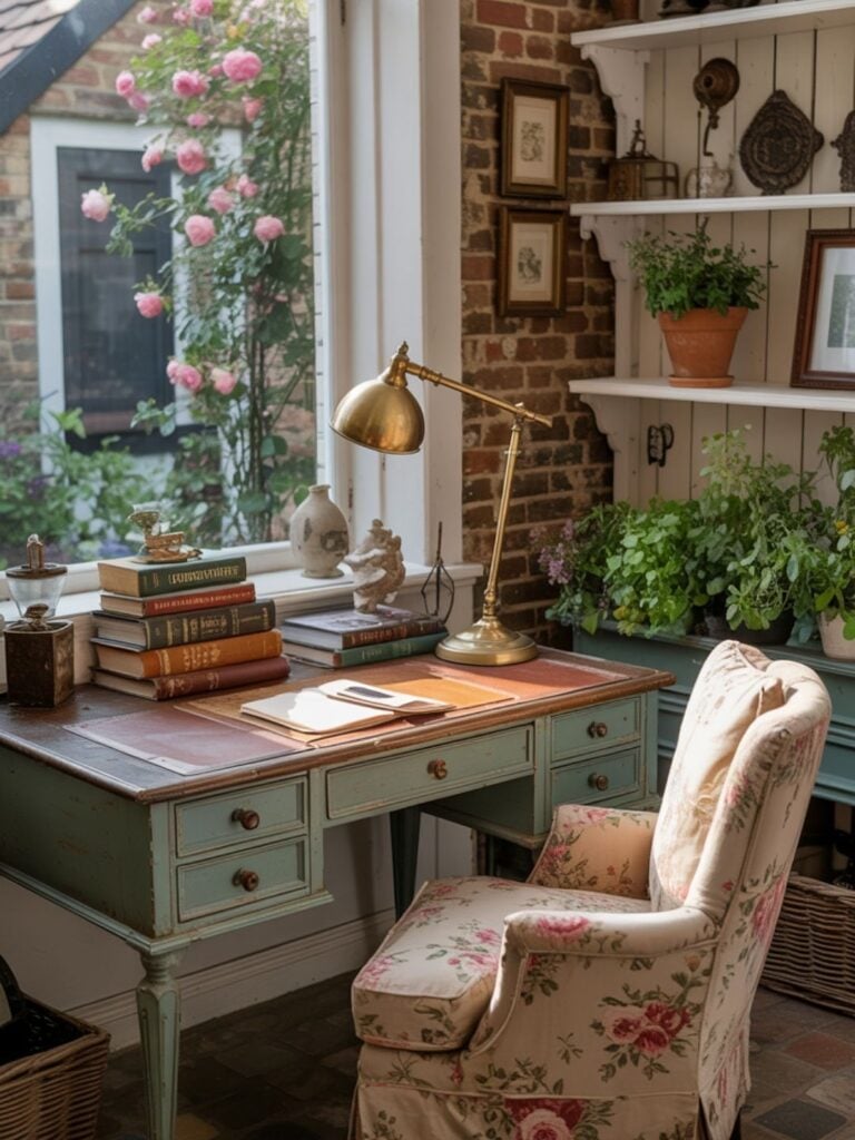 Escrivaninha antiga azul com gavetas, livros e luminária de mesa